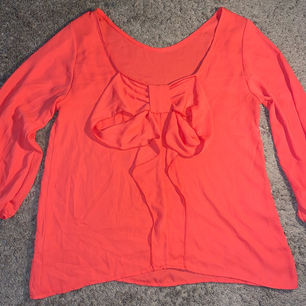 Voll Coral Sheer Blouse Large Bow Front 3/4 Sleeve Womens Medium Beach Light Top